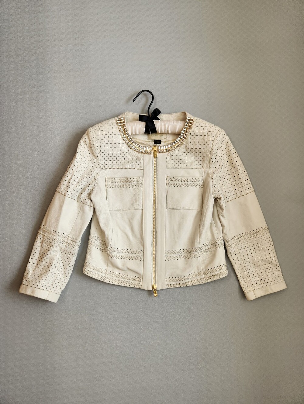 Gizia Leather Jacket Women's S Ivory Leather Cropped Woven Swarovski Crystals